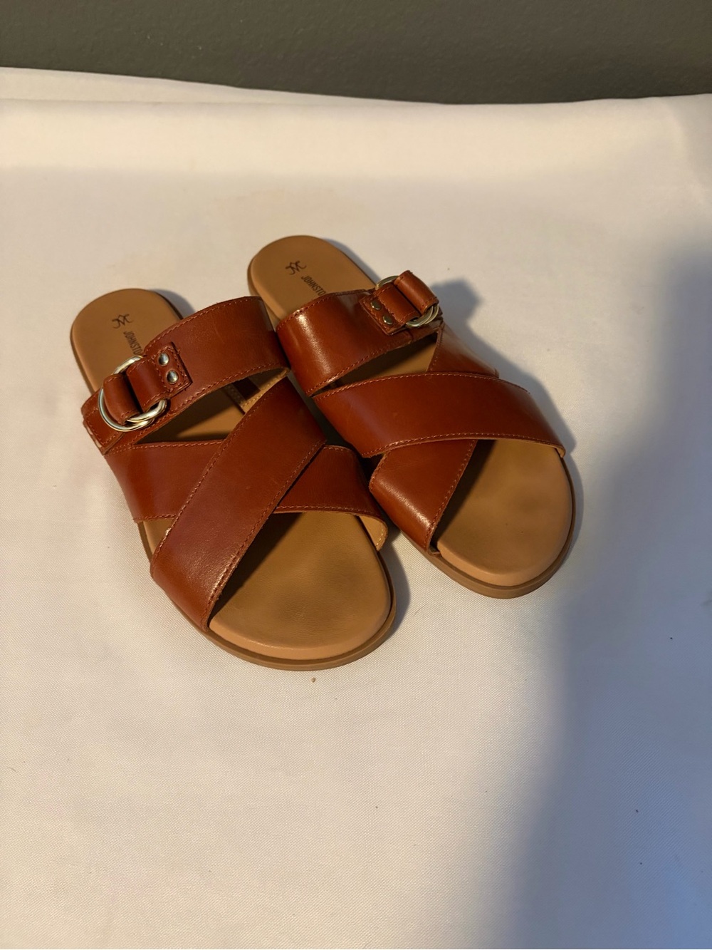 Johnston & Murphy Cognac Cross-Strap Leather Slide Sandals